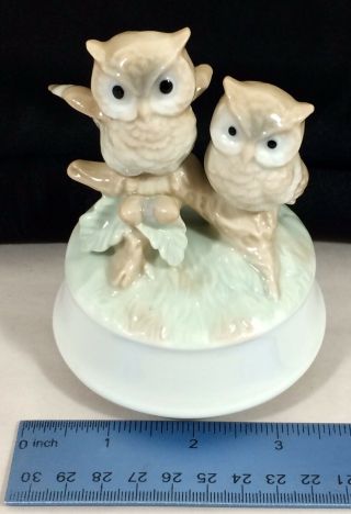 Vtg Otagiri Japan Porcelain Music Box Two Owl on Tree Branch ROTATE Close to You 3