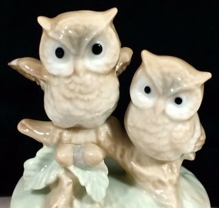 Vtg Otagiri Japan Porcelain Music Box Two Owl on Tree Branch ROTATE Close to You 4