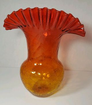 Vintage Blenko Amberina Crackle Glass " Ruffle Top " Vase 8 1/8 "