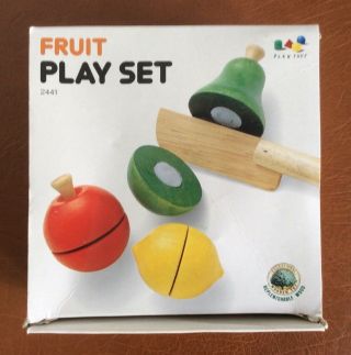 Plan Toys Fruit Play Set 2441 Wooden Painted Cut Fruit & Wooden Knife Vintage