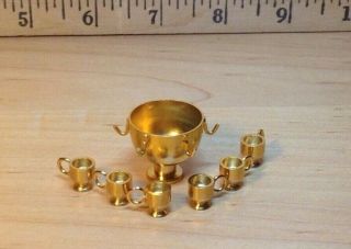Vintage Miniature Dollhouse Brass Punch Bowl With Six Cups