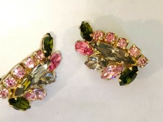 Vintage Sherman Clip On Earrings Gray Marquise Pink Rhinestone Golden E11