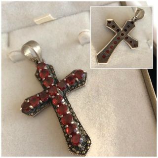 Vintage Jewellery 925 Silver Marcasite & Garnet Red Stone Cross Crucifix Pendant