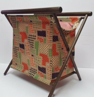 Vtg Folding Wood Frame Basket Caddy Tote Sewing Knitting Yarn Stand Portable