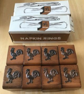 Vintage Napkin Rings Set Of 8 Wooden Bronze Victor Goldman Box Rooster Japan