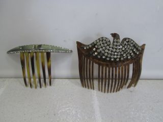 2 Vintage Tortoise Lucite Hair Combs/picks W/rhinestones - Eagle & Green Bar