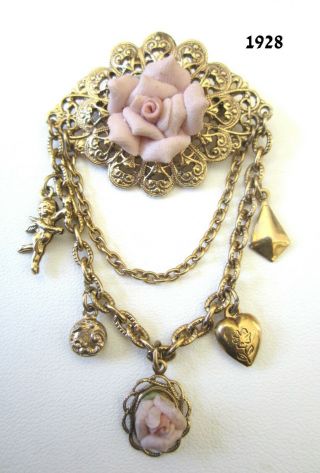 Vintage 1928 Pink Porcelain Floral Brooch Pin With Hanging Charms
