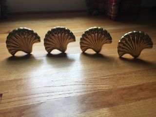 Set Of 4 Vintage Solid Heavy Bright Brass Metal Scallop Shell Curtain Tie Backs