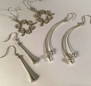 Vintage Modernist Sterling Silver Earrings - 3 Pairs