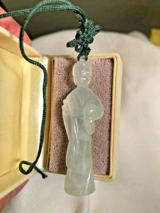 Vintage Chinese Carved Celadon Jade All Sides Geisha Pendant Silk 29 " Necklace