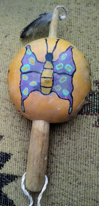 Vintage Hopi Pueblo Dance Rattle Native American Painted Gourd Butterfly Flower