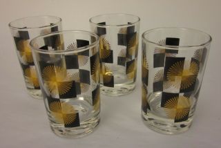Vintage Mcm Atomic Starburst Black & Gold Juice Glasses - Set Of 4