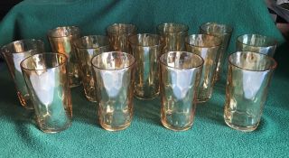 Vintage Dozen Glass Tumblers Drinking Glass Iridescent Peach Dimpled 10 Ounce
