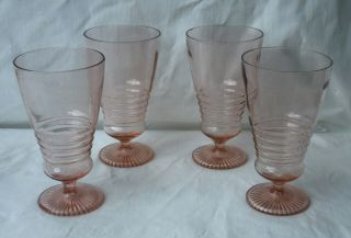 Set Of 4 Vintage Pink Glass Milkshake Iced Tea Stemmed Glasses Ribbed Jeanette?