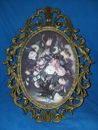 Vintage Oval Curved Concave Glass Picture Frame Ornate Brass Flowers