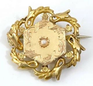 Antique French Depose Victorian 18k Gold Plated Pearl Brooch