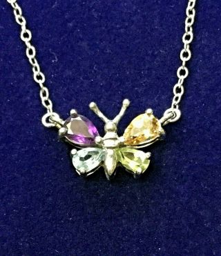 Vintage Sterling Silver Multi Color Rhinestone Butterfly Necklace
