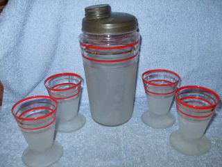 Cocktail Shaker Glass Set Vintage Barware Art Deco Frosted Gold Rings 4 Glass