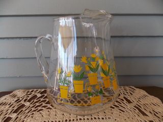 Vintage Clear Glass Rib Optic Pitcher With Yellow Tulip Design Ice Lip