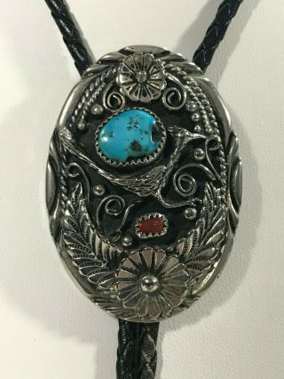 Vintage Native American Road Runner Turquoise And Coral Sterling Silver Bolo Tie