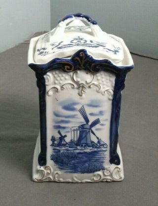 Vintage Blue & White Canister W/ Lid - Dutch Windmill - Hand Painted 7 " T - Sb