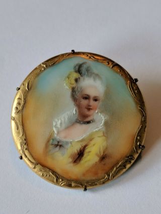 Antique Victorian Hand Painted Porcelain Portrait Pin Brooch Gold Trim
