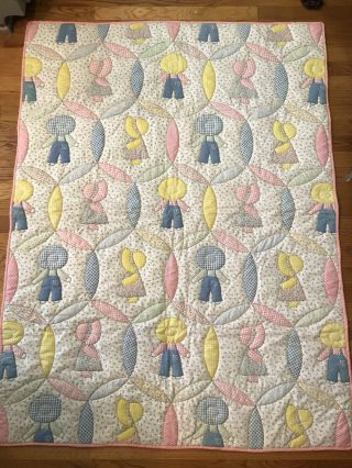 Vintage Baby Crib Quilt Pink Yellow Blue Sunbonnet Sue Boy Girl Flowers