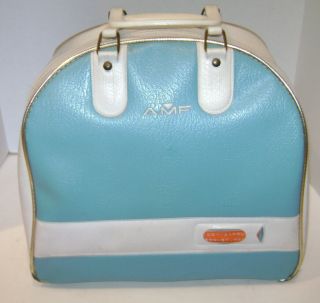 Vintage Amf Turquoise And White One Ball Bowling Bag Purse W/ Rack Retro
