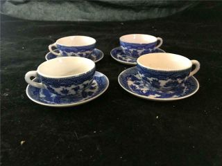 4 Vintage Blue Willow Child Cups & Saucers Transfer Ware Made In Japan