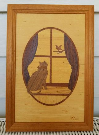 Vintage Hudson River Marquetry Inlay Window Cat Wood Picture Art Jeffrey Nelson