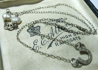 Vintage Sterling Silver Fine Real Pearl Lucky Horse Shoe Chain Drop Necklace