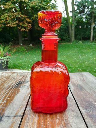 Vintage Mid Century Modern Empoli Art Glass Red Decanter Bottle Brutalist