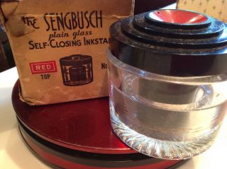 Vintage Sengbusch Self - Closing Red Top Glass Inkwell No.  51 Box Instructions Usa