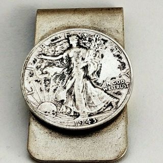 U.  S.  1943 Walking Liberty Half Dollar 90 Silver Coin Money Clip Antique Vintage