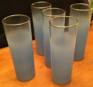 Blendo Vintage Highball Glasses 5 Light Blue Frosted Gold Rims Retro