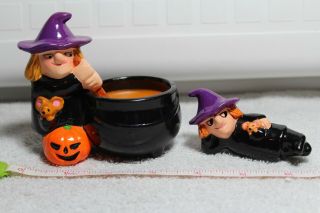 Vintage Ceramic Halloween " Witch With Black Cauldron& Pumpkin,  Witch Laying Down
