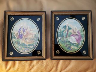 Set Of 2 Vintage Framed Needlepoint Embroidered Victorian Couple 6” X 5”