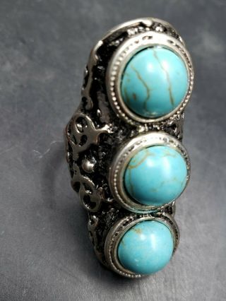 Vintage Large Navajo Ring Trio Turquoise Stones Sterling Silver Unmarked 8.  5/9