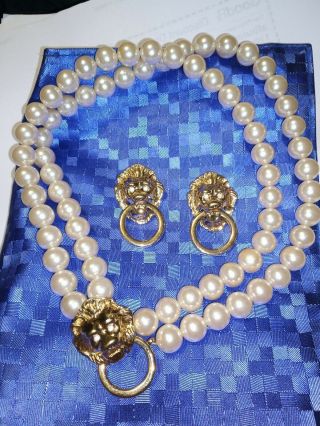 Vintage Kjl Kenneth Jay Lane For Avon Lions Head Pearl Necklace & Earrings Set