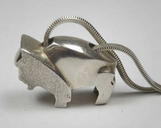 Vintage Native American Sterling Silver Bison Pendant On A Serpentine Necklace