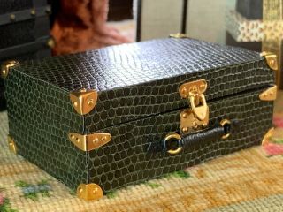 Vintage Miniature Dollhouse Artisan Faux Alligator Brass Suitcase Heidi Ott 2