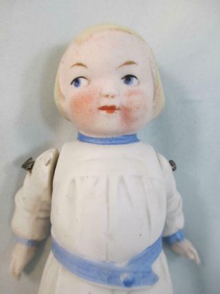 Antique German All Bisque Doll 5 " Molded Clothing Movable Arms Stiff Neck & Legs