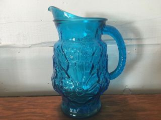Vintage Anchor Hocking Blue Glass Rainflower Daisy Pattern 64 Oz Water Pitcher