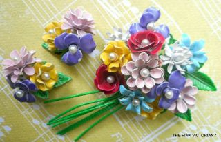 Vintage Metal Enamel Flower Pin Clip On Flower Earrings Matching Bouquet Set