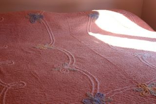 Vintage Smoky Pink Cotton Chenille Bedspread W Flowers 88x96