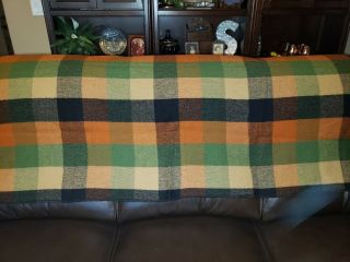 Vintage Wool Throw Blanket Orange/green/tan/black No Fringe - Just Dry Cleaned