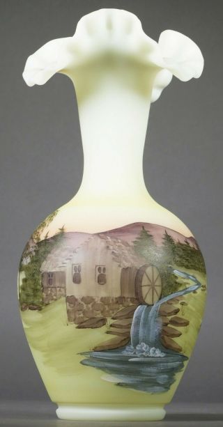 Vintage Fenton Satin Glass Yellow Hand Painted Signed J.  Brown Art Glass Vase