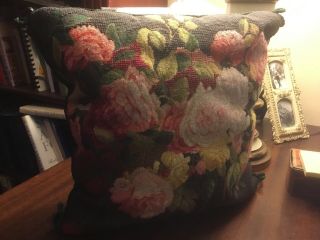 Vintage - Needlepoint/petit Point - Pillow - 14”x14” - Floral - Zipper/velvet Back - Roses -