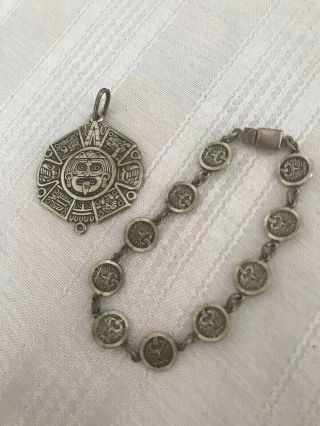 Vintage Mexico Sterling Silver 925 Aztec Mayan Sun Coin Link Necklace & Pendent