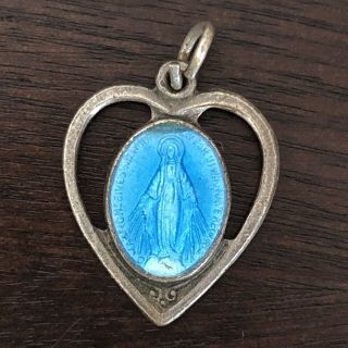 Vintage Sterling Silver Virgin Mary Blue Enamel Heart Prayer Charm Pendant Italy